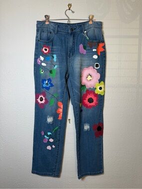NWT Hand Painted Floral Straight Leg Jeans Women’s L/XL Artsy Boho Garden Denim